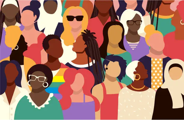 Vector illustration of Crowd of diverse women with various expressions vibrant colors background