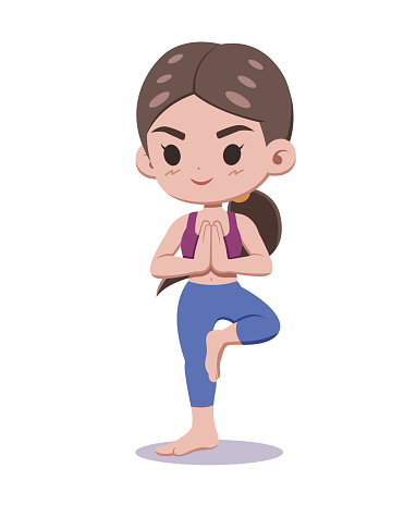 Cute style beautiful yoga girl practicing balance cartoon illustration
