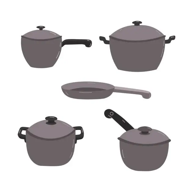 Vector illustration of Vector set of kitchen pans with lids. Flat style.