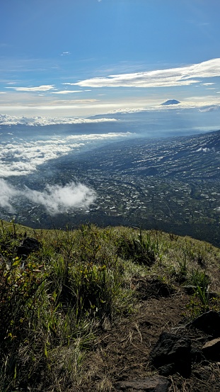 View from Pichincha volcano towards crowded cityscape, Pichincha, Quito, Ecuador.