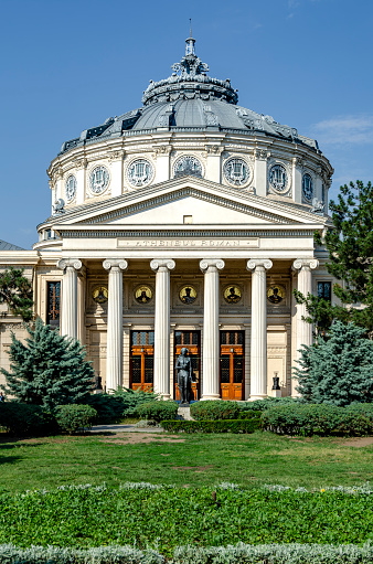 Bucharest, Romania – June 21, 2023: Romanian Athenaeum founded in1865 and opened in 1888, a concert hall in center of Bucharest and a landmark of the Romanian capital city.
