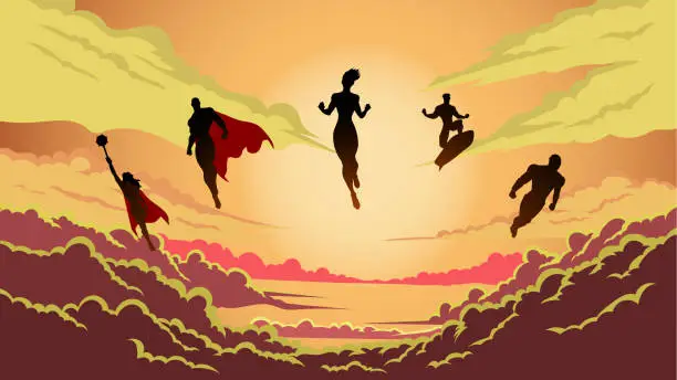 Vector illustration of Vector Superhero Team Silhouette Flying above Clouds Stock Illustration