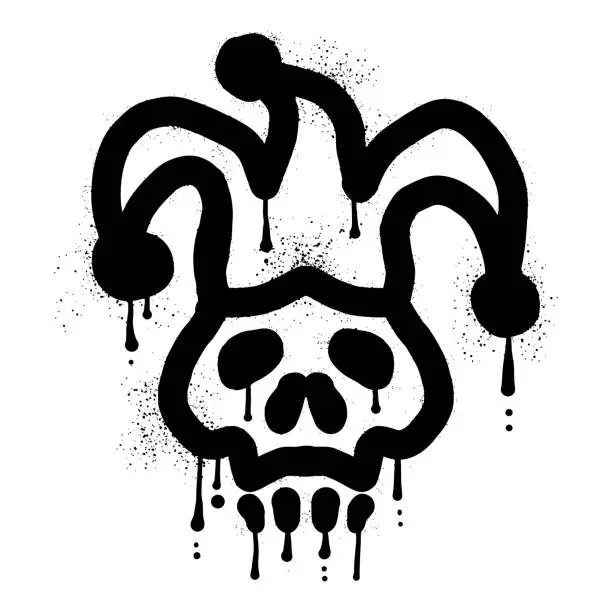 Vector illustration of Skull with jester hat drawn with black spray paint