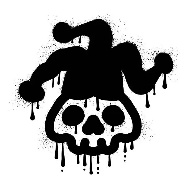 Vector illustration of Skull with jester hat drawn with black spray paint