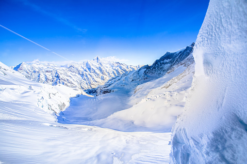 The Great Aletsch Glacier view from Jungfraujoch, the largest glacier in Alps, Switzerland