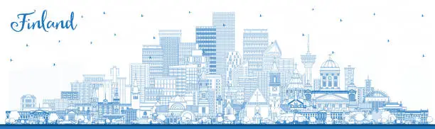 Vector illustration of Outline Finland city skyline with blue buildings. Concept with historic and modern architecture. Finland cityscape with landmarks. Helsinki. Espoo. Vantaa. Oulu. Turku.