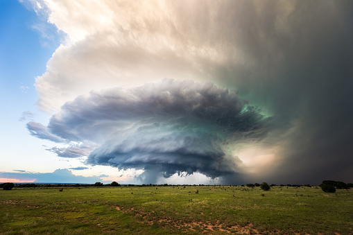 Dramatic supercell thunderstorm cloud over a field near Kim, Colorado. Extreme weather concept