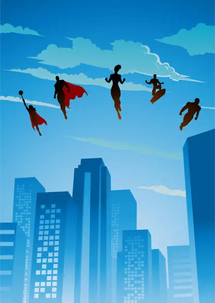 Vector illustration of Vector Superheroes Team Silhouette Flying Floating above Cityscape Stock Illustration