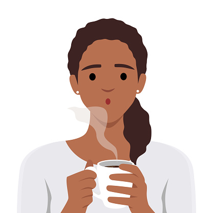 Young woman holds a mug of hot drink in her hands. Cozy rest and relaxation concept. Flat vector illustration isolated on white background