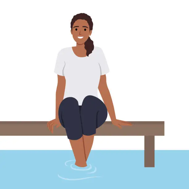 Vector illustration of Happy woman sitting on pier near water enjoy summer vacation. Smiling girl relaxing on bridge on river enjoying holidays