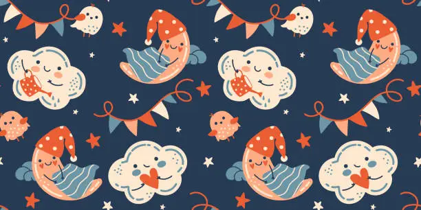 Vector illustration of Seamless wallpaper. Dark night baby background. Hand drawn Scandinavian style repeat backdrop. Adorable vector wrapping paper or fabric. Kids bedroom or playroom decoration.