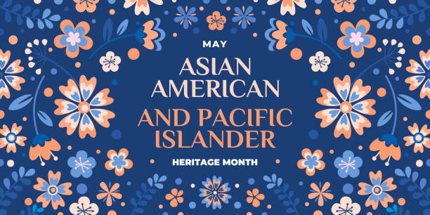 ilustraciones, imágenes clip art, dibujos animados e iconos de stock de mes de la herencia asiático-americana, nativa de hawái e isleña del pacífico. banner vectorial para redes sociales. ilustración con texto y flores. mes de la herencia asiática y del pacífico estadounidense sobre fondo azul. - cultura-hawaiana
