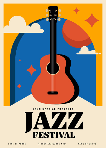 Jazz music festival poster template design with acoustic guitar modern vintage retro style. Design element can be used for background backdrop, brochure, leaflet, flyer, print, vector illustration