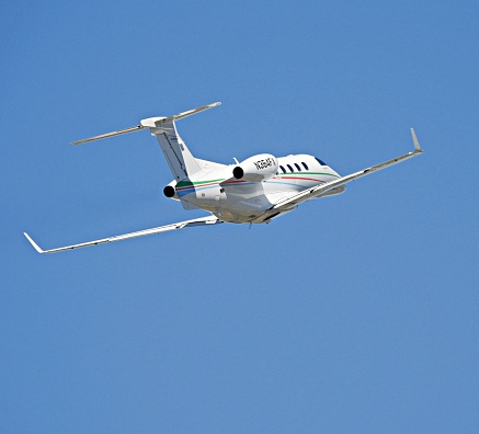 Boca Raton, Palm Beach County, Florida, USA, February 20, 2024.  An Embraer fixed wing multi engine (9 seats / 2 engines) N364FX taking off from the Boca Raton Airport.