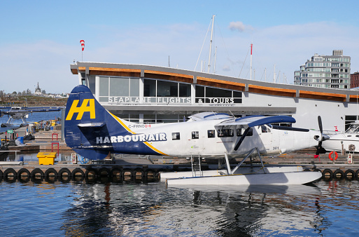 Harbour Air Seaplane parked at the Victoria Harbour Airport on Vancouver Island in Victoria, British Columbia, Canada.