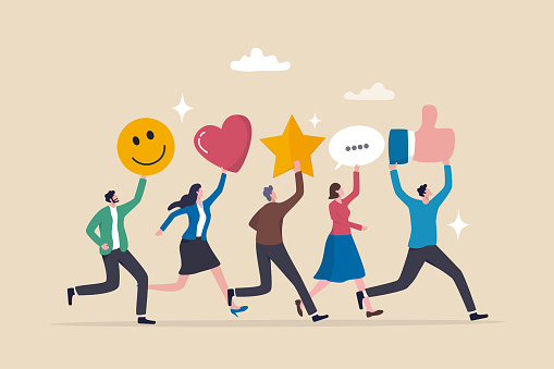 Social media customer feedback review, employee satisfaction, positive feedback on online ranking, giving high score rating, like or happy opinion concept, people carry social feedback elements.