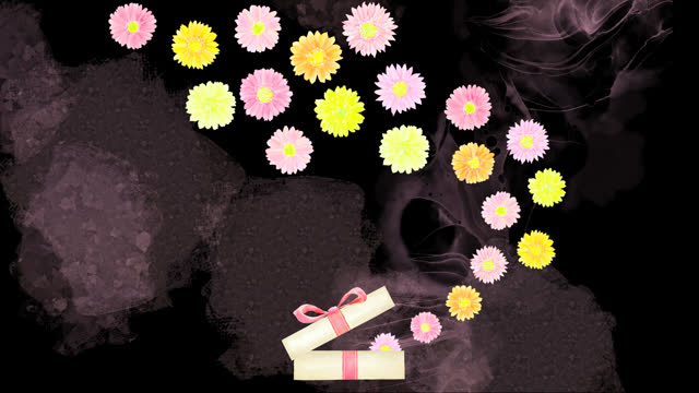 A cute watercolor animation with transparent background of colorful flowers overflowing from a gift box.