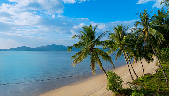 Aerial view of young woman laying on idyllic tropical beach on Ko Samui, Thailand