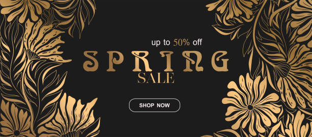 Spring sale vector banner template with abstract gold flowers and leaves isolated on black background. Illustration for advertising, promotion, flyer, invitation, card, poster, banner Spring sale vector banner template with abstract gold flowers and leaves isolated on black background. Illustration for advertising, promotion, flyer, invitation, card, poster, banner discount coupon template silhouette stock illustrations