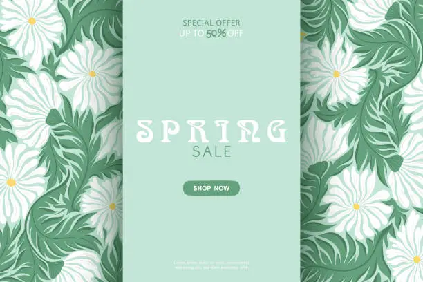 Vector illustration of Spring sale vector banner template with abstract flowers and leaves pattern isolated on blue green background. Illustration for advertising, promotion, flyer, invitation, card, poster