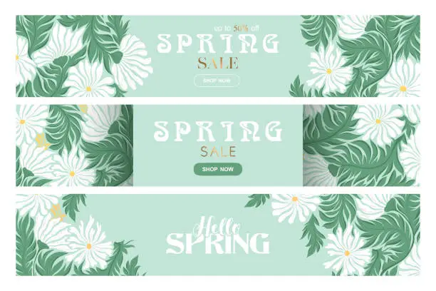 Vector illustration of Spring sale vector banner templates collection with abstract flowers and leaves isolated on blue green background. Illustration for advertising, promotion, flyer, invitation, card, poster