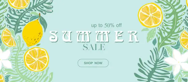 Vector illustration of Summer sale vector banner template with abstract plants, exotic flowers and lemons pattern isolated on light blue background. Illustration for advertising, flyer, card, poster, website