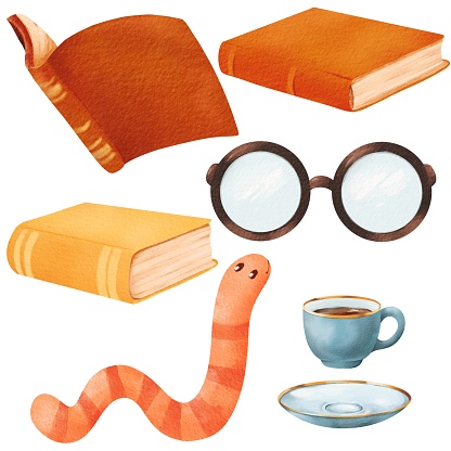 watercolor set. a bookworm, glasses, books, and a cup of tea or coffee. cartoon style, for book-related designs, reading promotions, and literary-themed projects, book lovers.