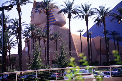 LAS VEGAS, USA - 10 Feb 2024: Egyptian Statue of Sphinx in front of Luxor Hotel and Casino in Las Vegas during early 1990s