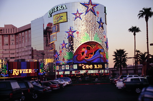Las Vegas, United States - Feb 10, 2024: The Riviera Hotel and Casino at sunset in Las Vegas, Nevada during early 1990s