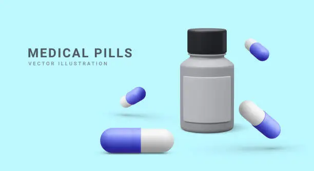 Vector illustration of 3d realistic jar with capsules pills on blue background. Medical banner, advertising poster for hospital, pharmacies or pharmaceutical company. Vector illustration