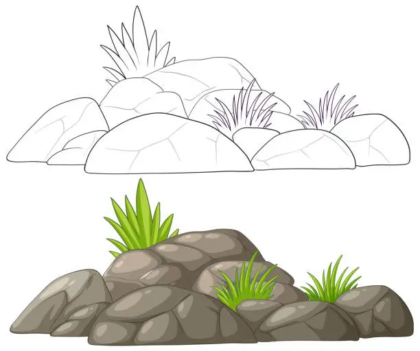 Vector illustration of Simple rock formation with green plants vector.