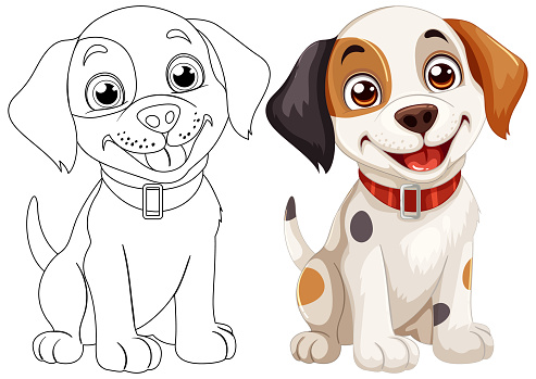 Colorful and outlined drawings of a happy puppy