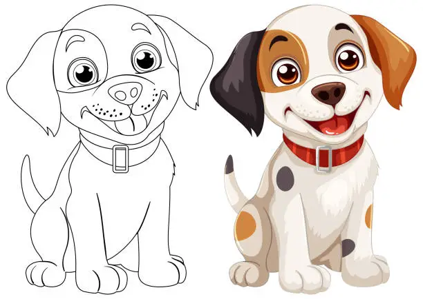 Vector illustration of Colorful and outlined drawings of a happy puppy