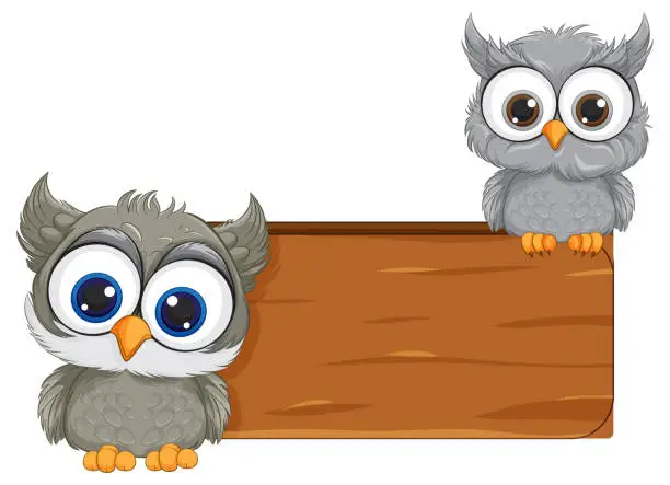 Vector illustration of Two adorable cartoon owls perched on a sign.