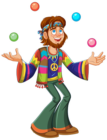 Cartoon hippie juggling colorful balls, smiling joyfully.