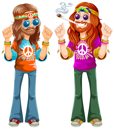 Colorful, retro hippie characters with peace symbols.