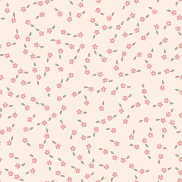 Vector illustration of Small pink flowers on a peach color background. Seamless pattern.