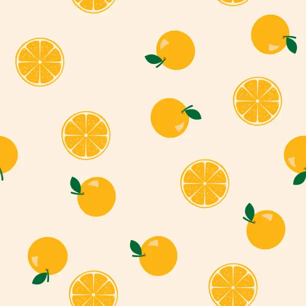 Vector illustration of Oranges and orange slices on a pastel background. Seamless pattern.