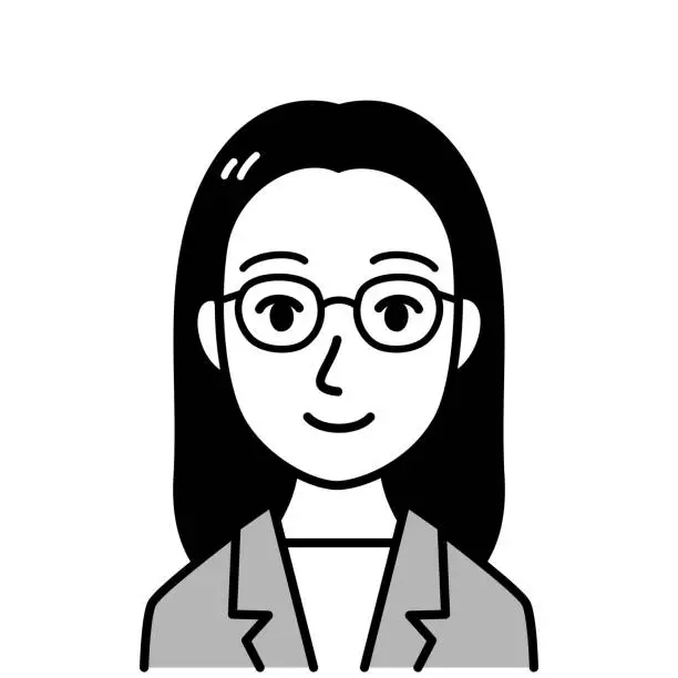 Vector illustration of young woman in gray suit, glasses, vector illustration, black and white illustration