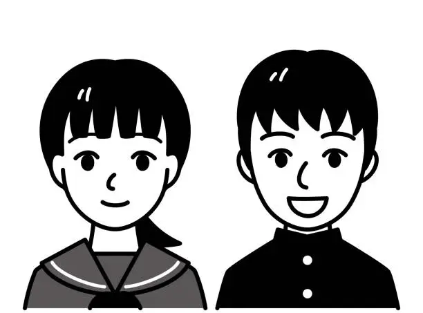 Vector illustration of boy and girl student, Japanese school uniform, vector illustration, black and white illustration