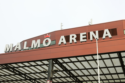 Malmo, Sweden - October 22, 2023: Close-up view of the  multi-purpose indoor ice hockey arena,  Malmo Arena signage.