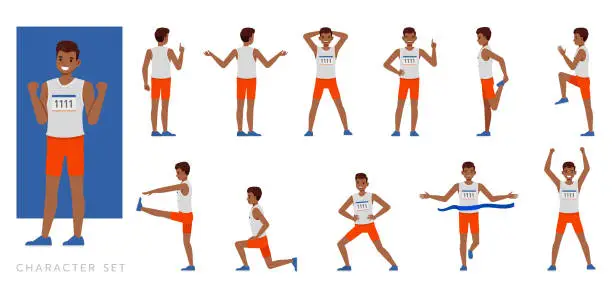 Vector illustration of Big Set of Runner man character vector design. Presentation in various action with emotions, running, standing and walking.