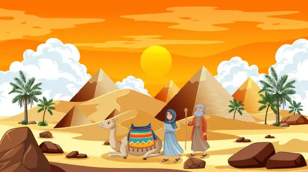 Vector illustration of Illustration of Egyptians with camel near pyramids.