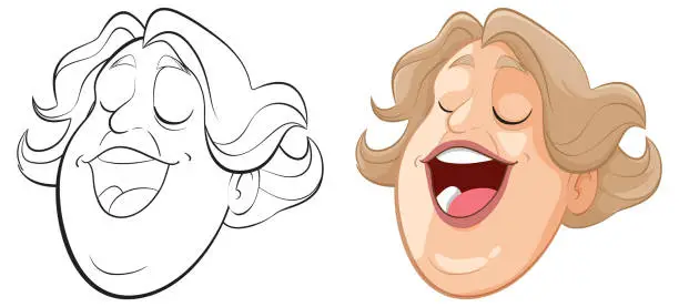 Vector illustration of From line art to colored, happy cartoon face