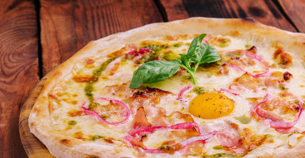 istock Italy pizza with egg yolk, ham and onion 2027031544