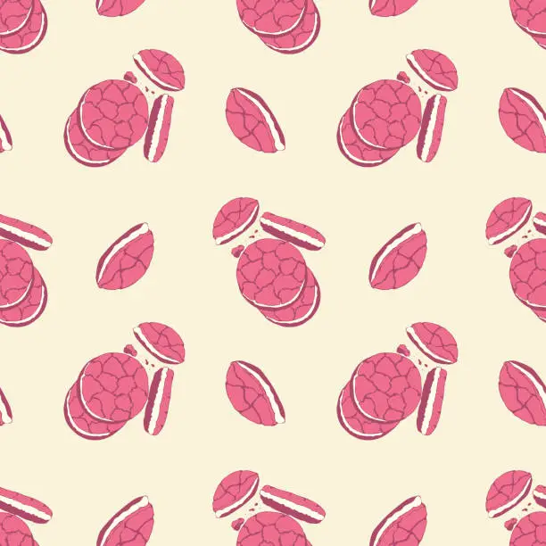 Vector illustration of Strawberry cookies seamless pattern with pink macaroons cakes and cookies on cream background.