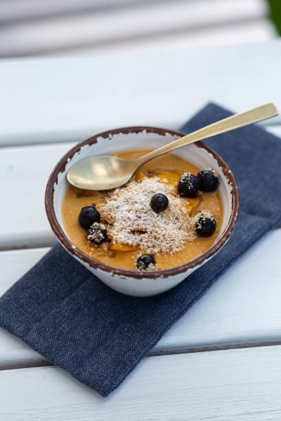 istock Dessert Blancmange with Crimean peach and fresh berries 2027059210