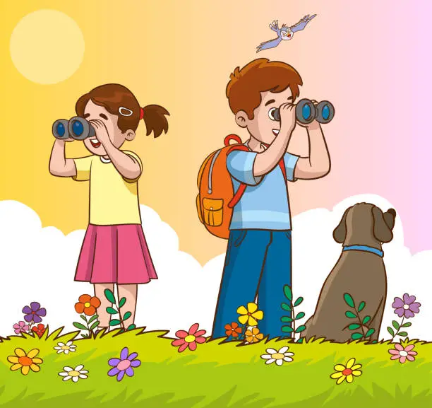Vector illustration of vector illustration of children looking through binoculars