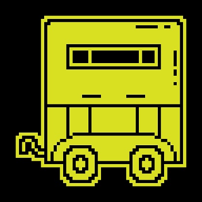 Pixel silhouette icon. Trailer for transporting building materials and animals. Working on farm, transporting goods by car. Simple black and yellow vector isolated