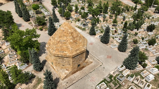 Kırşehir, Turkey - June 22, 2022: Fatma Hatun Tomb is located in Kümbetaltı Cemetery. The tomb was built in 1266 during the Seljuk period.